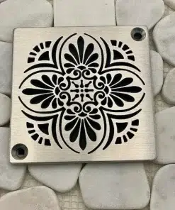 Greek Anthemion shower drain cover, brushed stainless steel, made to fit Schluter by Designer Drains
