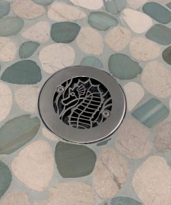 4.25" Inch Round Shower Drain Seahorse Design in Brushed by Designer Drains