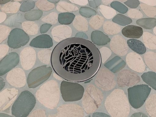 4.25" Inch Round Shower Drain Seahorse Design in Brushed by Designer Drains