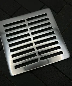 Square Parallels drain with polished stainless steel finish.