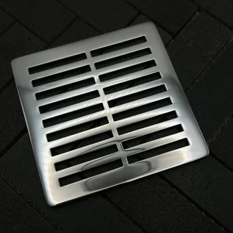 Square Parallels drain with polished stainless steel finish.