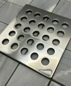 Square drain in Polished stainless steel finish.