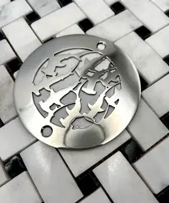 Round drain with Sharks design in polished stainless steel finish.