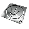 Square drain with Trident design in polished stainless steel finish.