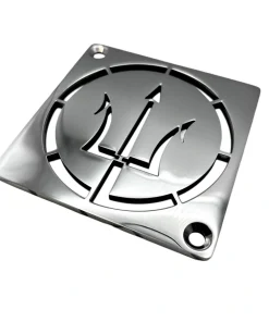 Square drain with Trident design in polished stainless steel finish.