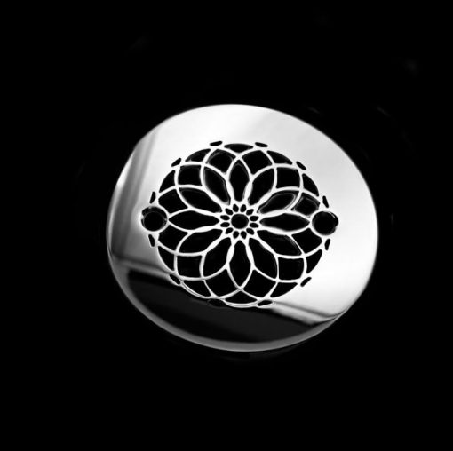 Mandala 4.25 inch round shower drain cover polished stainless steel on black