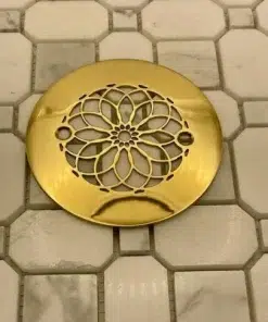Mandala 4.25 inch round shower drain polished brass