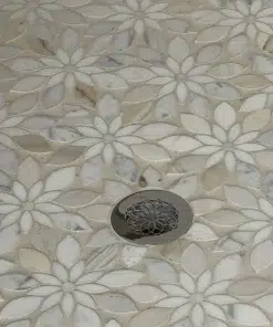 Mandala 4.25 round shower drain installed close up