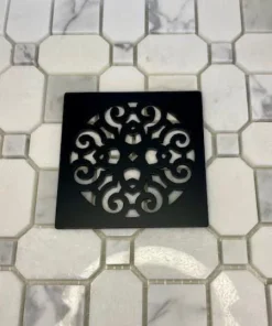 Scrolls No, 4 square shower drain in polished brass