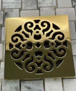 Scrolls No, 4 square shower drain in polished brass