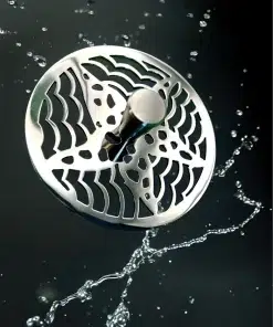 Round sink strainer with starfish design in polished stainless steel finish.