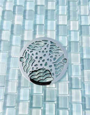 Starfish 3.25 round shower drain cover polished stainless on tile Designer-Drains