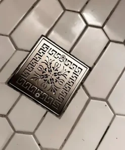Greek Fret square shower drain brushed stainless steel install