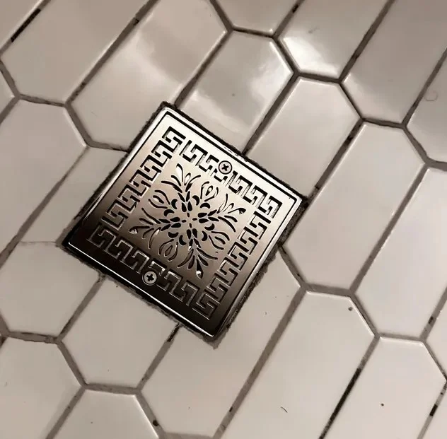 Greek Fret square shower drain brushed stainless steel install