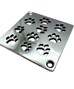 Square drain with dog paws design in polished stainless steel finish.