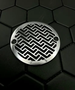 Round drain in Polished stainless steel finish.