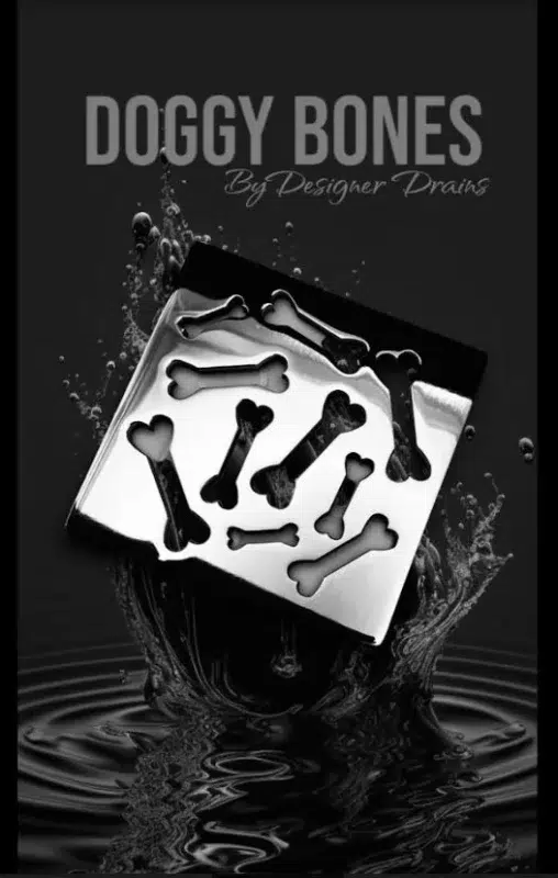 Doggy Bones Square shower drain polished stainless steel.