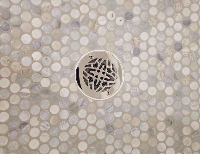 Round drain in Polished Stainless Steel finish.