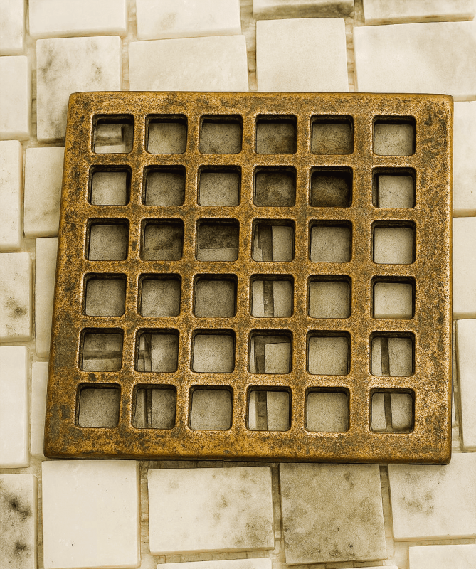 Square shower drain | unlacquered brass | Geometric No. 7 design