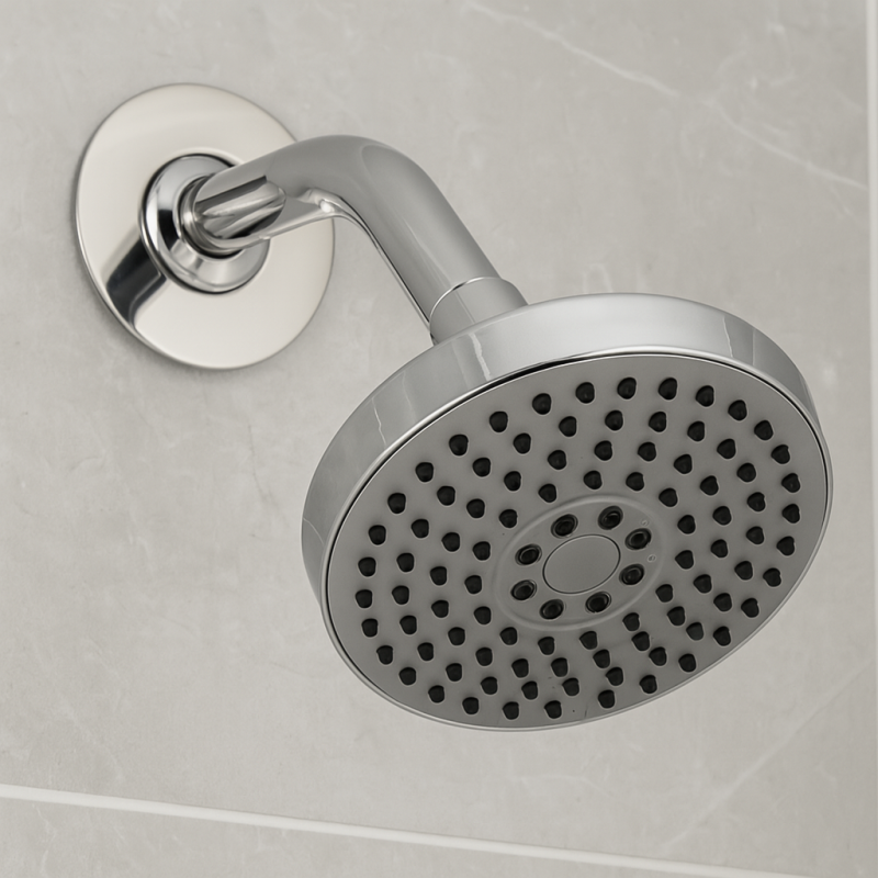 Round escutcheon plate on shower head polished stainless steel