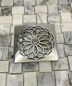 Mandala square shower drain, polished nickel by Designer Drains