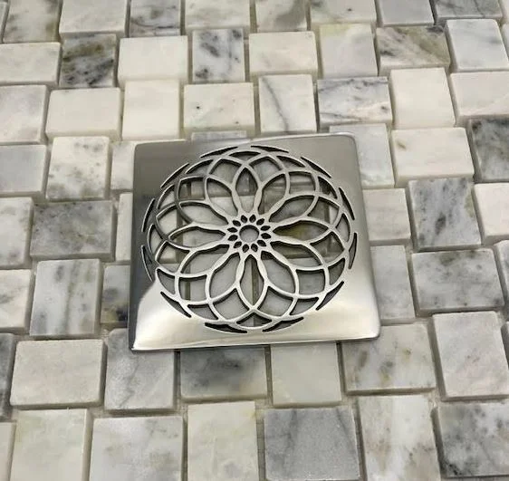 Mandala square shower drain, polished nickel by Designer Drains