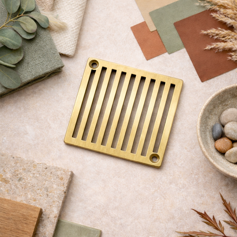 Earthy Tones Flat Lay with Vertical drain design in unlacquered brushed brass finish.