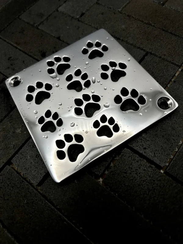 Square drain with dog paws design in polished stainless steel finish.