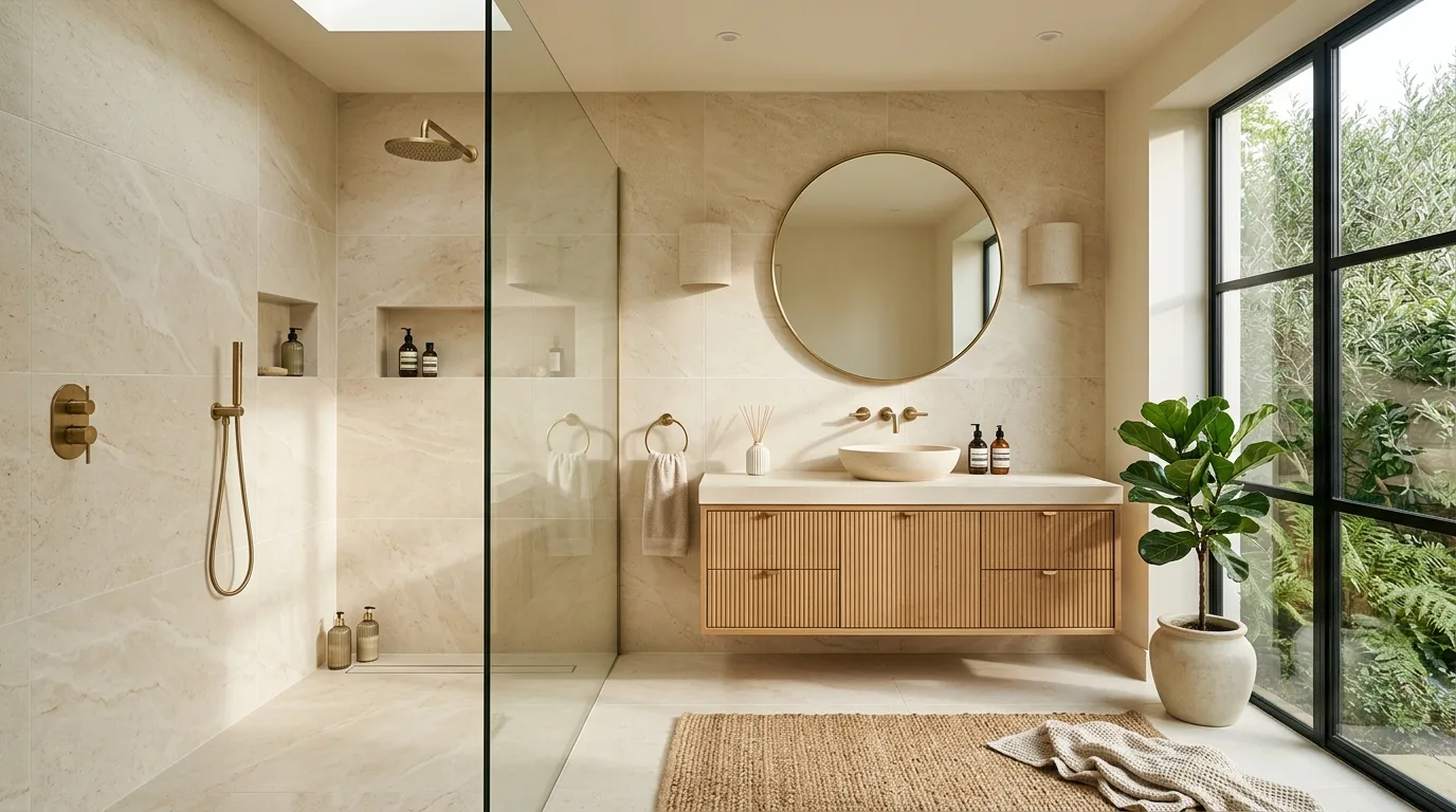 Luxury bathroom with warm stone tile, floating wood vanity, walk-in shower, and brushed brass fixtures.